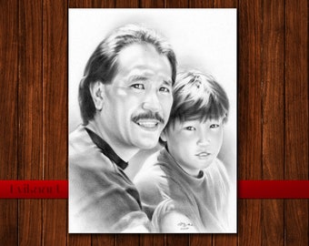 May include: Black and white pencil drawing of a father and son. The father is smiling and has a mustache. The son is looking at the viewer with a serious expression.