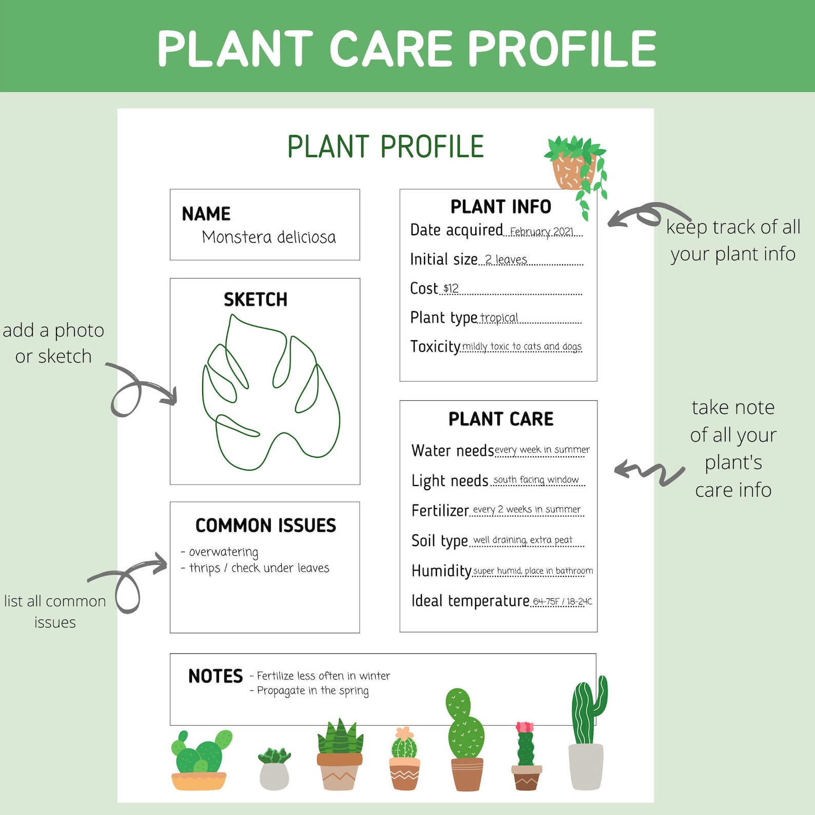Plant Profile printable Cactus Plant care tracker Plant Etsy España