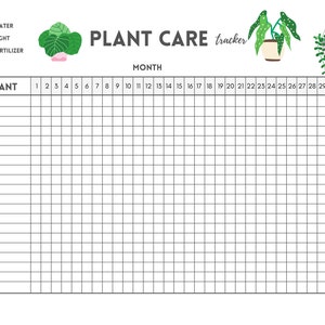 May include: A printable plant care tracker with a grid for logging watering, light, and fertilizer for each day of the month. The tracker includes the text "PLANT CARE tracker" and "MONTH".