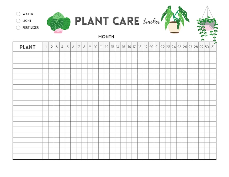 May include: A printable plant care tracker with a grid for logging watering, light, and fertilizer for each day of the month. The tracker includes the text "PLANT CARE tracker" and "MONTH".