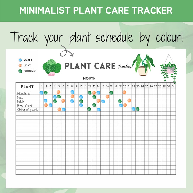 May include: A printable plant care tracker with a monthly calendar grid. The grid is color-coded for watering, light, and fertilizer. The tracker includes a list of plants: Monstera, Plea, Fiddle, Hoya Kermi, and String of Pearls.