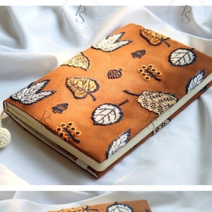 Adjustable Notebook Cover for Journal, Planner, Diary, Agenda, and Book with bookmarks - A5/A6 Size - Embroidery Autumn Leaves