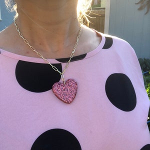 Pink glittery heart necklace on gold filled paperclip chain