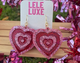 Pink and red glitter heart earrings