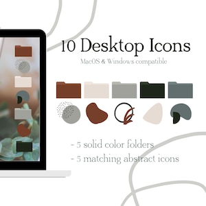 May include: A laptop screen displaying 10 desktop icons, including 5 solid color folders and 5 matching abstract icons. The icons are in shades of brown, beige, gray, black, and blue. The text "10 Desktop Icons" and "MacOS & Windows compatible" is displayed above the icons.