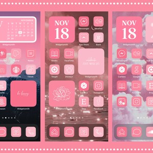 Puede incluir: Tres pantallas de tel&eacute;fono rosas que muestran iconos de aplicaciones y widgets personalizados. Cada pantalla presenta una est&eacute;tica diferente, con un widget de calendario que muestra el 18 de noviembre. Los iconos son rosas y blancos, con un tema consistente.