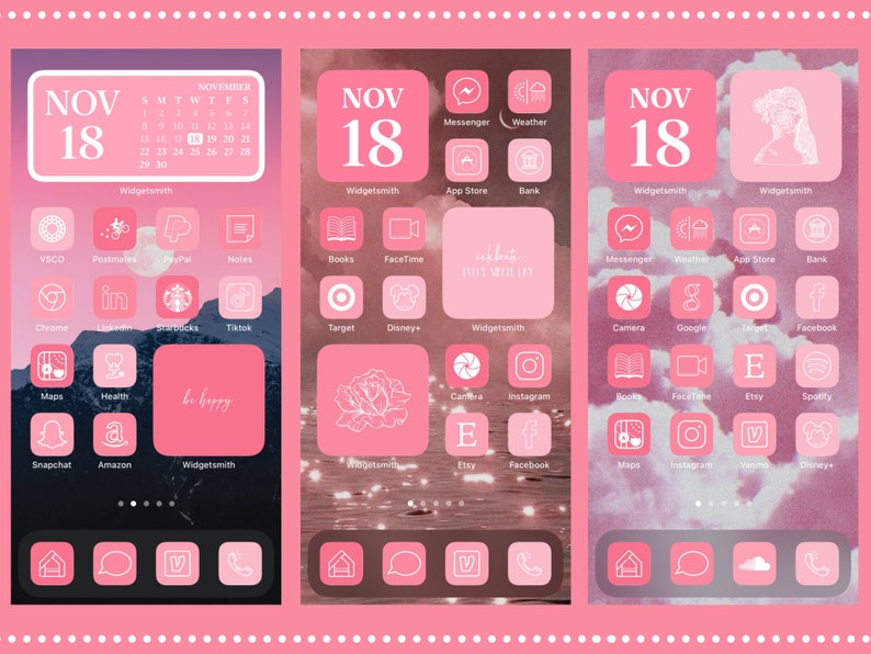 Puede incluir: Tres pantallas de tel&eacute;fono rosas que muestran iconos de aplicaciones y widgets personalizados. Cada pantalla presenta una est&eacute;tica diferente, con un widget de calendario que muestra el 18 de noviembre. Los iconos son rosas y blancos, con un tema consistente.