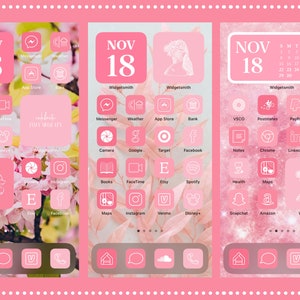 Puede incluir: Tres pantallas de tel&eacute;fono rosas con iconos de aplicaciones. Las pantallas muestran una fecha de calendario del 18 de noviembre y el texto "Widgetsmith". Las aplicaciones incluyen redes sociales, compras y aplicaciones de comunicaci&oacute;n.