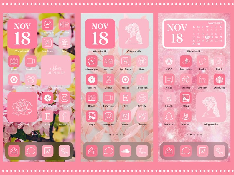 Puede incluir: Tres pantallas de tel&eacute;fono rosas con iconos de aplicaciones. Las pantallas muestran una fecha de calendario del 18 de noviembre y el texto "Widgetsmith". Las aplicaciones incluyen redes sociales, compras y aplicaciones de comunicaci&oacute;n.