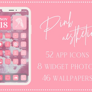 Puede incluir: Una pantalla de tel&eacute;fono rosa est&eacute;tica muestra iconos de aplicaciones, widgets y un fondo de pantalla. La pantalla muestra la fecha, 18 de noviembre, e incluye 52 iconos de aplicaciones, 8 fotos de widgets y 46 fondos de pantalla. Las palabras "Pink aesthetic" est&aacute;n escritas en cursiva.