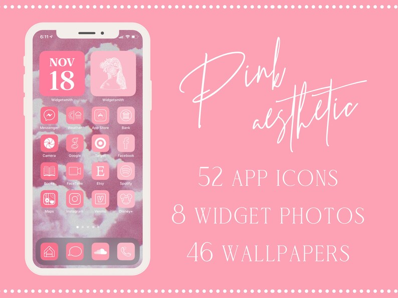 Puede incluir: Una pantalla de tel&eacute;fono rosa est&eacute;tica muestra iconos de aplicaciones, widgets y un fondo de pantalla. La pantalla muestra la fecha, 18 de noviembre, e incluye 52 iconos de aplicaciones, 8 fotos de widgets y 46 fondos de pantalla. Las palabras "Pink aesthetic" est&aacute;n escritas en cursiva.