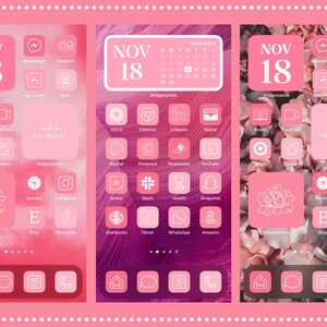 Puede incluir: Pantalla de inicio de tel&eacute;fono rosa con iconos de aplicaciones, un calendario y la fecha "NOV 18". El dise&ntilde;o incluye un gr&aacute;fico floral de rosa y el texto "celebrate every single day".