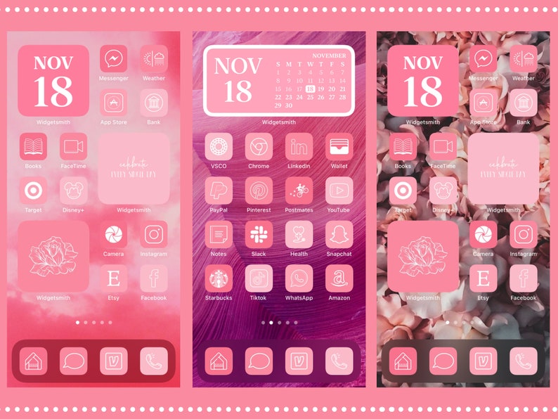 Puede incluir: Pantalla de inicio de tel&eacute;fono rosa con iconos de aplicaciones, un calendario y la fecha "NOV 18". El dise&ntilde;o incluye un gr&aacute;fico floral de rosa y el texto "celebrate every single day".