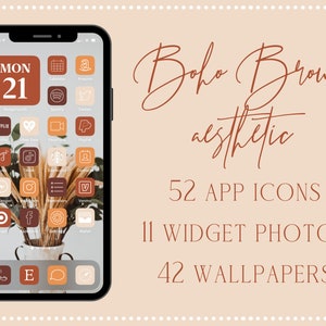 May include: A smartphone screen displaying a set of 52 app icons in a boho brown aesthetic. The icons are arranged in a grid pattern and feature a variety of colors and designs. The text "Boho Brown aesthetic" is displayed at the top of the screen, along with the numbers "52 APP ICONS", "11 WIDGET PHOTOS", and "42 WALLPAPERS".