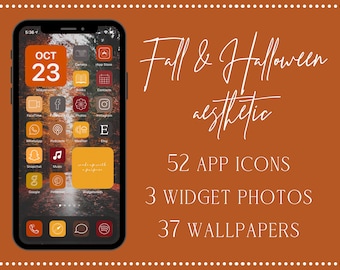 May include: A screenshot of an iPhone displaying a fall and Halloween themed aesthetic with 52 app icons, 3 widget photos, and 37 wallpapers. The date on the phone is 23rd October.