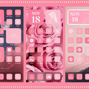 Puede incluir: Tres pantallas de tel&eacute;fono que muestran un tema est&eacute;tico rosa y blanco. Cada pantalla presenta iconos de aplicaciones, un widget de calendario que muestra el 18 de noviembre y un gr&aacute;fico de rosa. Las pantallas muestran un dise&ntilde;o cohesivo para una interfaz de tel&eacute;fono personalizada.