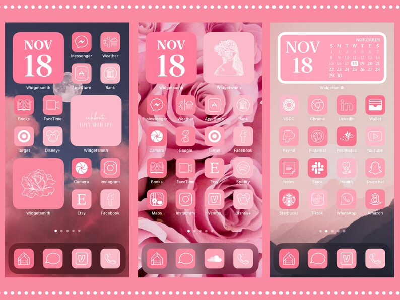 Puede incluir: Tres pantallas de tel&eacute;fono que muestran un tema est&eacute;tico rosa y blanco. Cada pantalla presenta iconos de aplicaciones, un widget de calendario que muestra el 18 de noviembre y un gr&aacute;fico de rosa. Las pantallas muestran un dise&ntilde;o cohesivo para una interfaz de tel&eacute;fono personalizada.