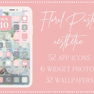 Floral Pastel Aesthetic App Icons, 52 iPhone iOS 14 Mint Aesthetic App Icon Set, Pink App Icons, iOS 14 Aesthetic, Pastel App Icons