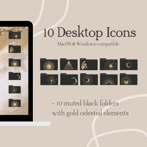May include: Ten muted black folder icons with gold celestial elements. The icons feature a variety of celestial designs, including suns, moons, stars, and constellations. MacOS & Windows compatible.