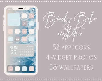 Beach Boho Aesthetic iOS App Icons, 52 iPhone iOS 14 Aesthetic App Icon Set, Neutral Aesthetic App Icons