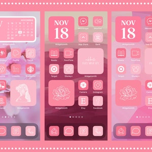 Puede incluir: Est&eacute;tica de pantalla de inicio de tel&eacute;fono rosa con iconos de aplicaciones, un calendario y un dise&ntilde;o floral. Las aplicaciones incluyen redes sociales, compras y aplicaciones de productividad. El fondo es un degradado de tonos rosas.