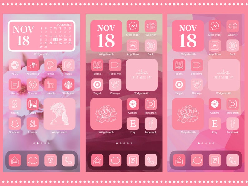 Puede incluir: Est&eacute;tica de pantalla de inicio de tel&eacute;fono rosa con iconos de aplicaciones, un calendario y un dise&ntilde;o floral. Las aplicaciones incluyen redes sociales, compras y aplicaciones de productividad. El fondo es un degradado de tonos rosas.