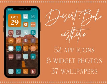 Desert Boho Aesthetic iOS App Icons, 52 iPhone iOS 14 Turquesa y Marrón Aesthetic App Icon Set, Teal Aesthetic App Icons