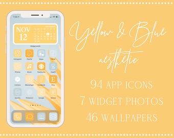Yellow and Blue App Icons, 94 iPhone App Icons iOS 14 Aesthetic, Yellow App Icon Set, App Icons, Yellow Icons, iPhone Icons Blue