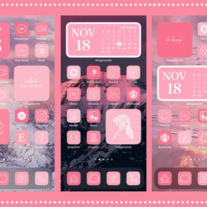 Puede incluir: Tres pantallas de tel&eacute;fono con un tema rosa y blanco. Cada pantalla presenta iconos de aplicaciones, un widget de calendario que muestra el 18 de noviembre y el texto "Widgetsmith". El fondo muestra un paisaje monta&ntilde;oso.