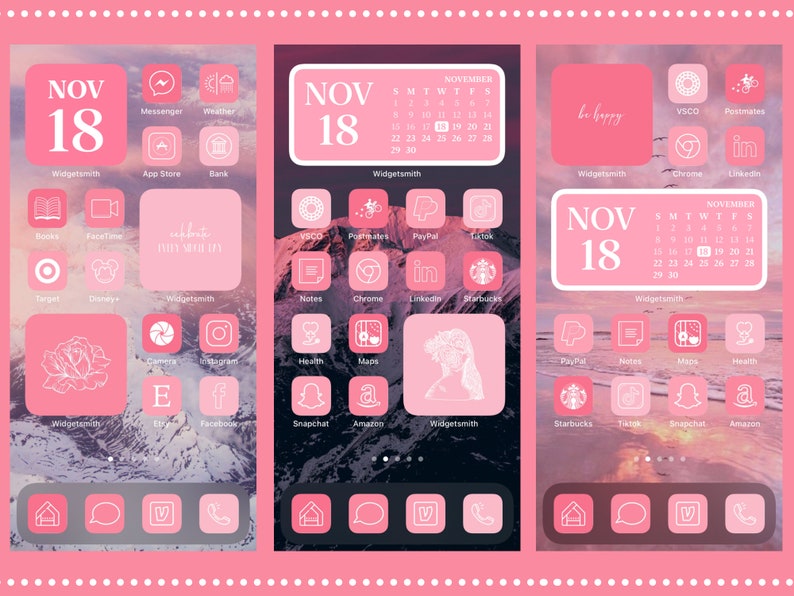 Puede incluir: Tres pantallas de tel&eacute;fono con un tema rosa y blanco. Cada pantalla presenta iconos de aplicaciones, un widget de calendario que muestra el 18 de noviembre y el texto "Widgetsmith". El fondo muestra un paisaje monta&ntilde;oso.