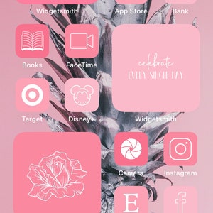Puede incluir: Una pantalla de tel&eacute;fono rosa muestra iconos de aplicaciones sobre un fondo de pi&ntilde;a. La pantalla muestra la fecha 18 de noviembre e iconos de aplicaciones para Messenger, Tiempo, App Store, Banco, Libros, FaceTime, Target, Disney+, C&aacute;mara, Instagram, Etsy y Facebook.