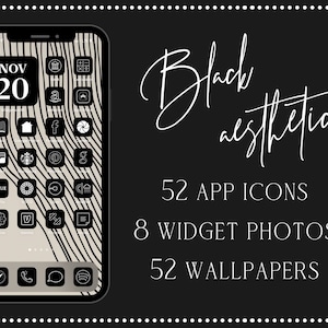 Schwarze Ästhetische iOS App Icons, 52 iPhone iOS 14 Ästhetische App Icon Set, Schwarze App Icons, Minimalist App Icons, iOS 14 Icons