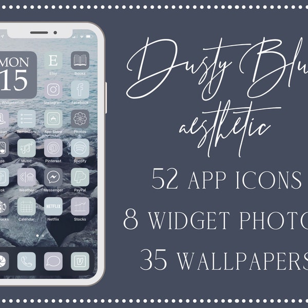 Dusty Blue Aesthetic iOS App Icons, 52 iPhone iOS 14 Aesthetic App Icon Set, Blue Aesthetic App Icons, iOS 14 Aesthetic, App Icons