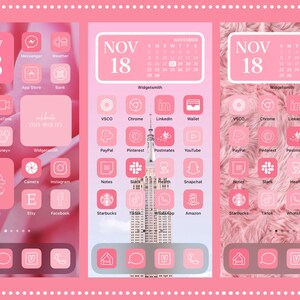 Puede incluir: Tres dise&ntilde;os de pantalla de inicio de tel&eacute;fono rosa con iconos de aplicaciones. Las pantallas muestran un calendario que indica el 18 de noviembre y presentan aplicaciones como Instagram, Etsy y Facebook. Los fondos var&iacute;an, incluyendo un dise&ntilde;o floral y una textura esponjosa.