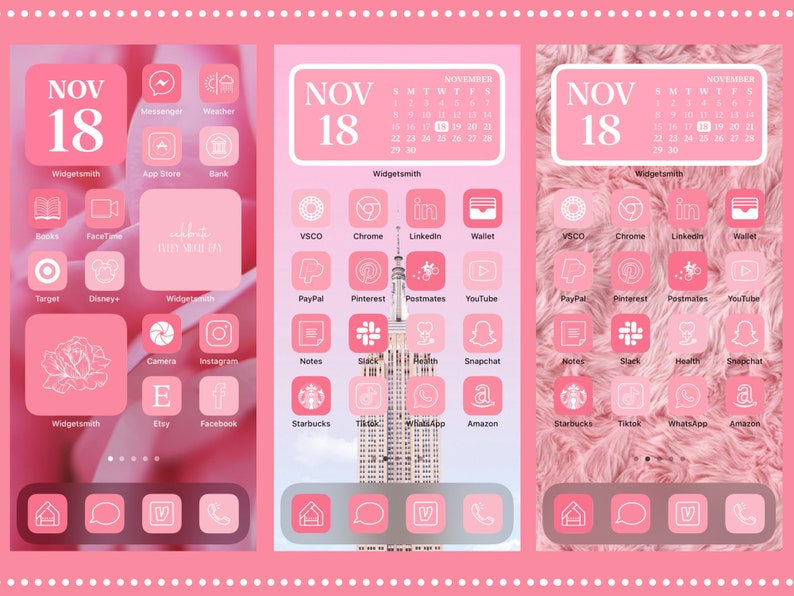 Puede incluir: Tres dise&ntilde;os de pantalla de inicio de tel&eacute;fono rosa con iconos de aplicaciones. Las pantallas muestran un calendario que indica el 18 de noviembre y presentan aplicaciones como Instagram, Etsy y Facebook. Los fondos var&iacute;an, incluyendo un dise&ntilde;o floral y una textura esponjosa.