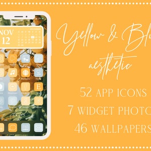 Yellow and Blue iOS App Icons, 52 iPhone iOS 14 Aesthetic App Icon Set, Yellow App Icons, App Icons, iOS 14 Aesthetic, iOS 14 icons