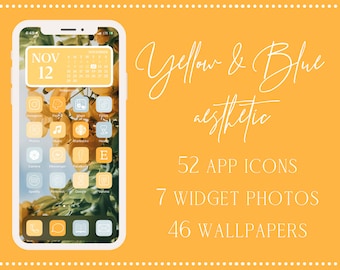 Yellow and Blue iOS App Icons, 52 iPhone iOS 14 Aesthetic App Icon Set, Yellow App Icons, App Icons, iOS 14 Aesthetic, iOS 14 icons