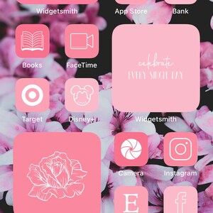 Puede incluir: Una pantalla de tel&eacute;fono con un tema rosa y blanco con iconos de aplicaciones. La fecha, 18 de noviembre, se muestra en un cuadrado rosa. Las aplicaciones incluyen Messenger, Tiempo, App Store, Banco, Libros, FaceTime, Target, Disney+, C&aacute;mara, Instagram, Etsy y Facebook.
