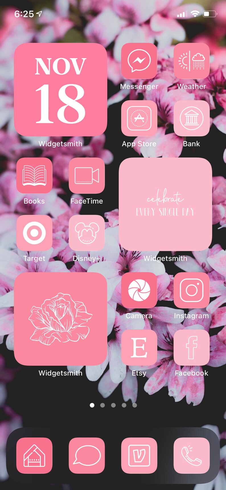 Puede incluir: Una pantalla de tel&eacute;fono con un tema rosa y blanco con iconos de aplicaciones. La fecha, 18 de noviembre, se muestra en un cuadrado rosa. Las aplicaciones incluyen Messenger, Tiempo, App Store, Banco, Libros, FaceTime, Target, Disney+, C&aacute;mara, Instagram, Etsy y Facebook.