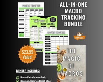 Può includere: Un pacchetto di prodotti digitali per il monitoraggio di macro e calorie. Il pacchetto include un ebook di calcolo delle macro, un cheat sheet, un tracker giornaliero delle macro e un tracker settimanale delle macro e delle abitudini. Il pacchetto ha un prezzo di $ 23,95 ed è etichettato come "Grande Affare". Il pacchetto include anche un libro intitolato "La Magia dei Macro: Una Guida Completa per Calcolare i Macronutrienti".