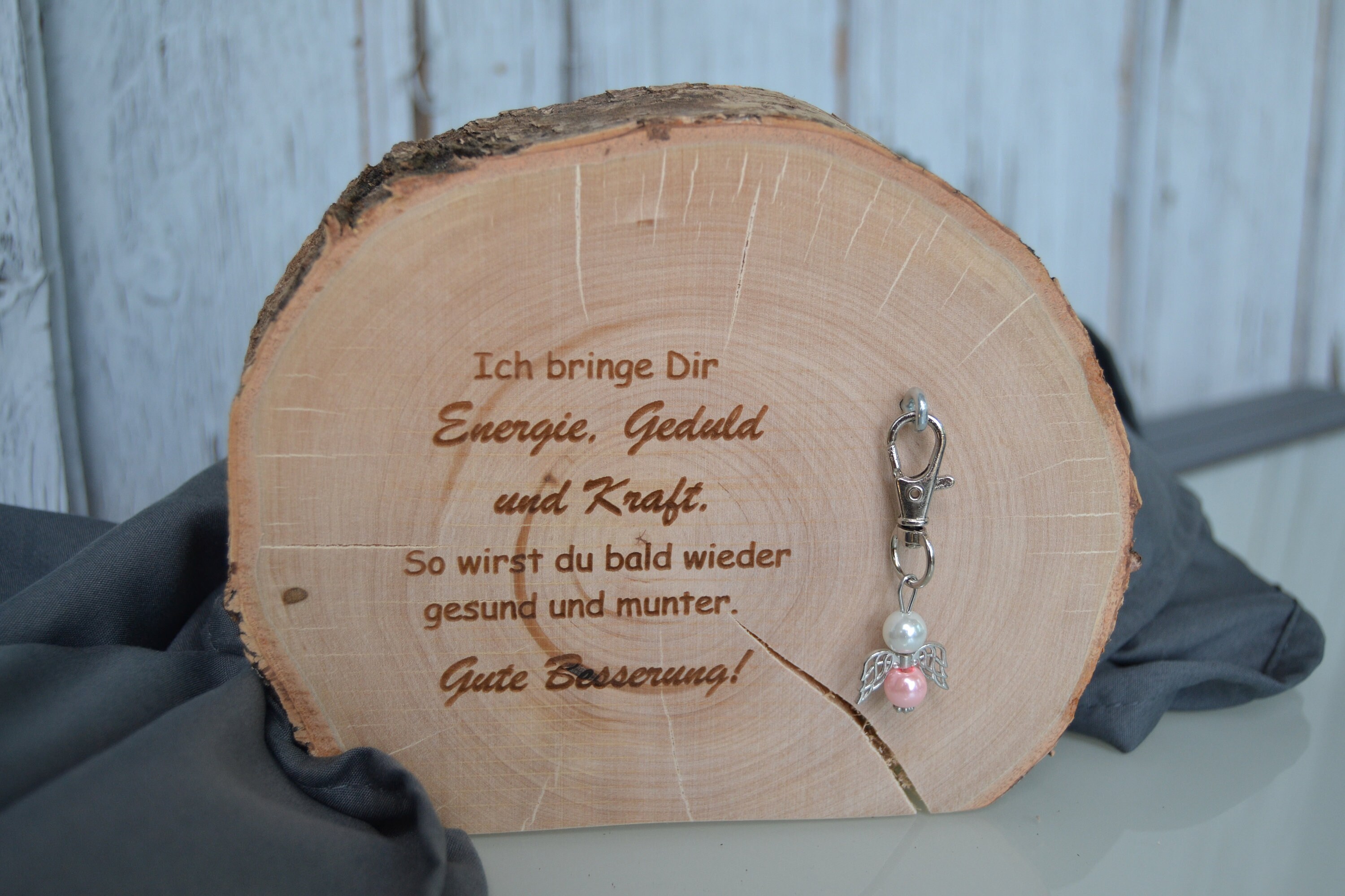 Rustic tree disc with guardian angel key ring get well soon gift package with personal laser engraving encouraging good luck charm