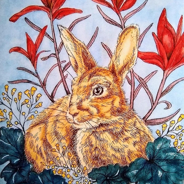 Rabbit Illustration Print/ 5x7 Watercolor Print/ Bunny Painting/ Woodland Animal Art