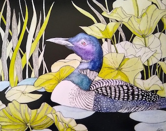 May include: A watercolor painting of a loon swimming in a pond with lily pads. The loon is blue, purple, and black with white accents. The lily pads are yellow and green.