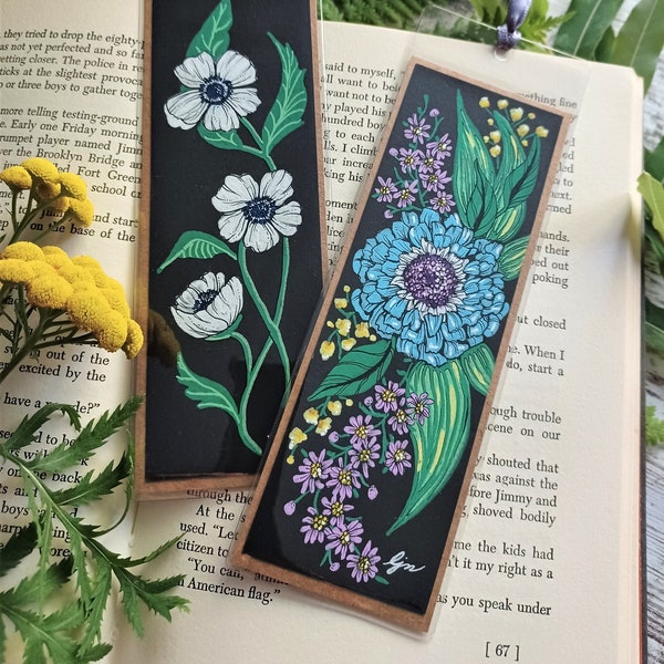 Handpainted Flower Bookmark Set /  Handmade Floral Bookmarks / Set of 2 / Original Art Bookmarks / Blue Scabiosa Flower / Anemones