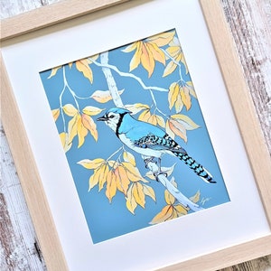 Blue Jay Art Print, 8x10 Watercolor Bird Painting, Fall Wall Art, Autumn Home Decor