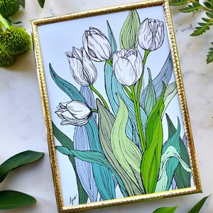 White Tulips Art Print, 5x7 Flower Art, Floral Illustration, Spring Wall Decor, Tulip Fine Art Print
