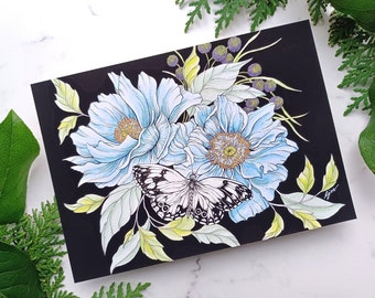 Black and White Butterfly Wall Art, 5x7 Butterfly Art Print, Blue Poppy Art, Butterfly Lover Gift, Poppy Wall Decor