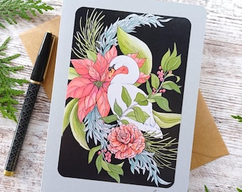 Swan Card /  5x7 Blank Card  /  Bird Art Card  / Christmas Swan  / White Swan Art