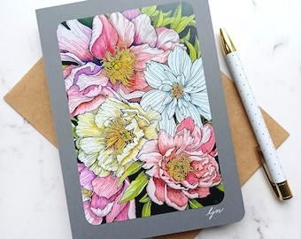 Peonies Floral Blank Card,  Watercolor Flowers Card,  5x7 Single Greeting Card,  Botanical Art Card,  Handmade Card with Envelope