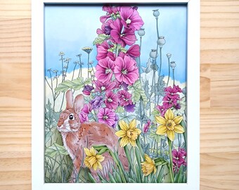 Wild Rabbit Art Print  Whimsical Bunny Illustration Giclee Print  8x10 Rabbit Wall Art  Flower Meadow Painting Print  Nature Decor